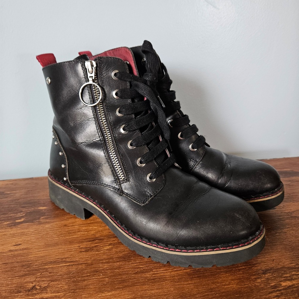 Pikolinos Black Leather Studded Combat Boots Side Zip Lug Sole Size 38 *FLAW*